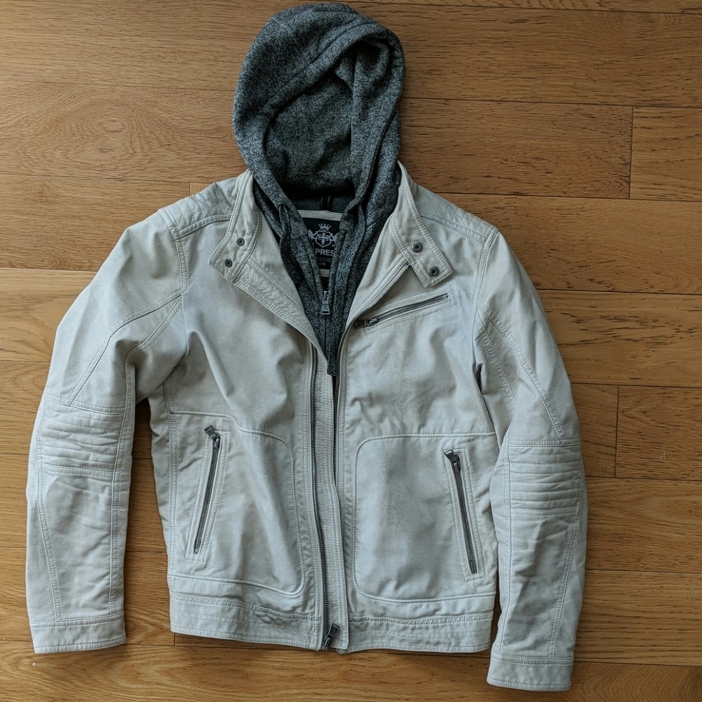 🔥Men's Express Cream Leather Jacket Hoodie Medium
